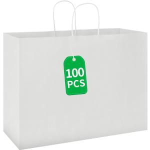 bagmad 100 Pack 16x6x12 Inches Large White Kraft Paper Bags with Handles Bulk for Shopping Wedding Grocery Retail Merchandise Business Craft Gift Bags(100 Count)
