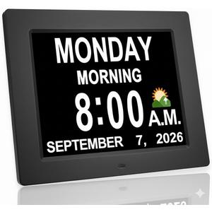 New 2026 Digital Calendar Alarm Day Clock - with 8" Large Screen Display, am pm, Multiple Alarms, for Impaired Vision People, The Aged Seniors, The Dementia, for Desk, Wall Mounted, Black