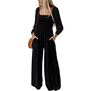 Happy Sailed Womens Jumpsuits Dressy Casual High Waisted Pockets Long Sleeve Rompers Beach Fashion Vacation Outfits for Women (XX-Large, Black)