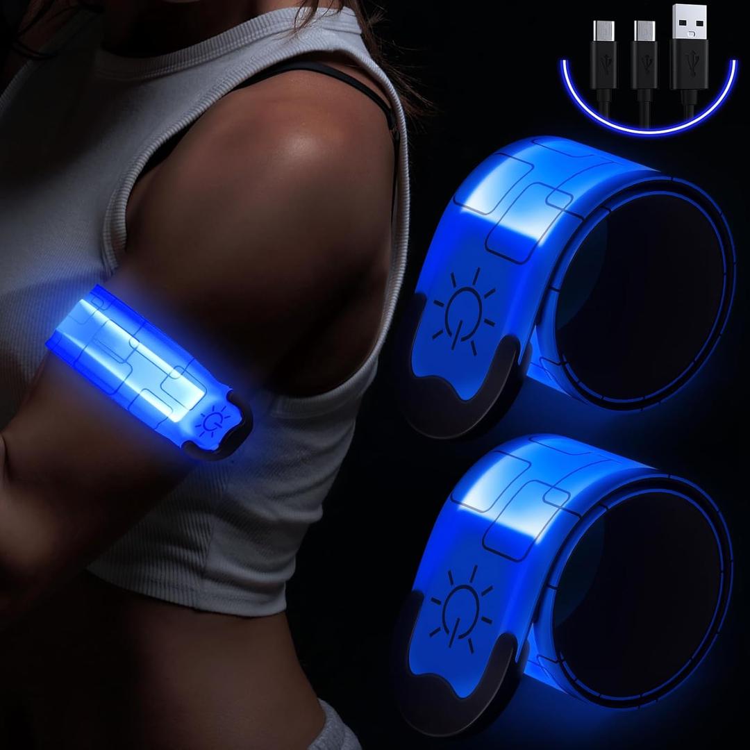Simket LED Armband Rechargeable for Running(2 Pack), Running Lights for Runners, Running Lights, High Visibility Reflective Running Gear Adjustable Light Up Arm Bands for Men Women Kids (blue)