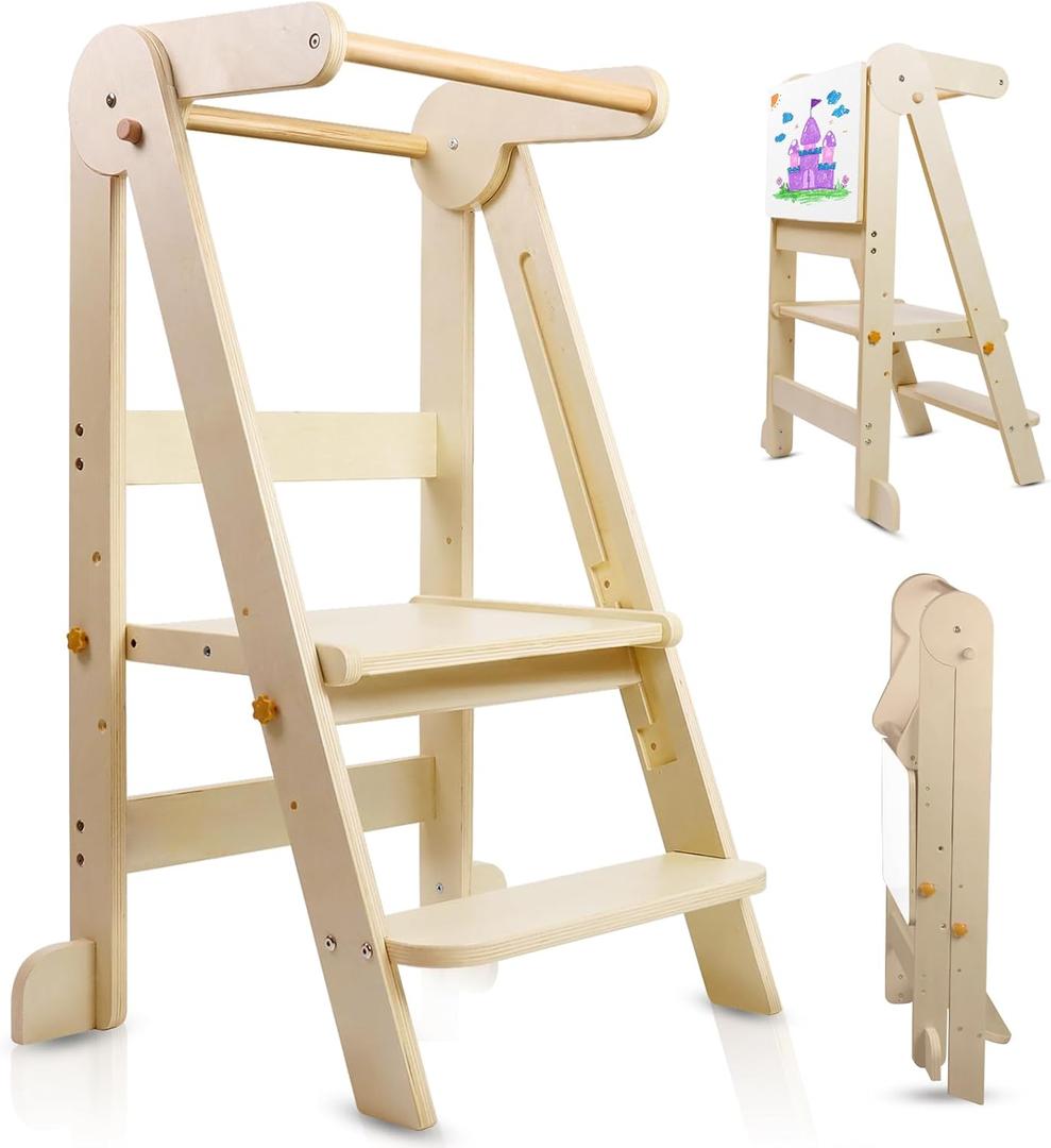Foldable Toddler Kitchen Tower Step Stool, Standing Tower with Whiteboard, Toddler Kitchen Stool Helper with 3 Adjustable Height, Step Stool for Kids 1-6 Years, Natural