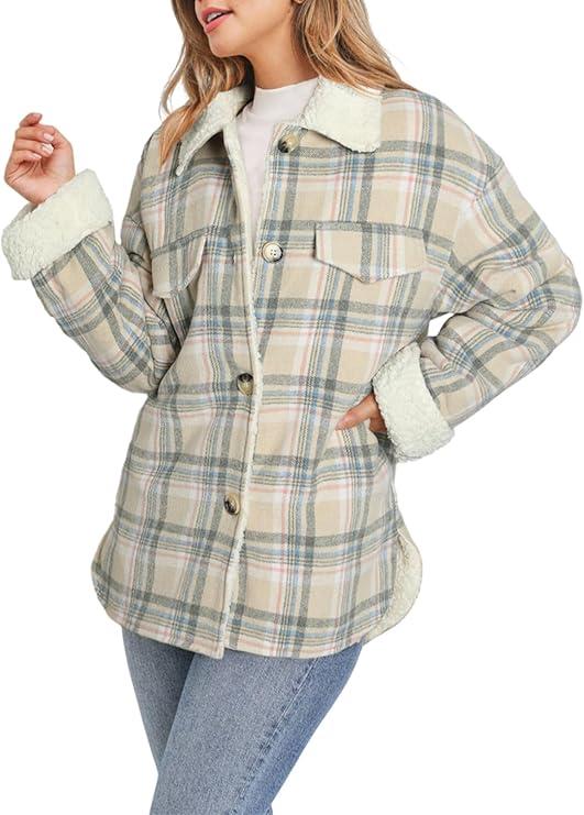 Dokotoo Winter Coats for Women Button Down Plaid Flannel Shirts Warm Sherpa Fleece Jacket  XL