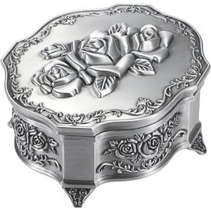 ELLDOO Vintage Music Box, Silver Metal Musical Jewelry Box Keepsake Box, Small Trinket Storage Organizer Jewelry Storage Box Gift for Girl Women (Tune: You are My Sunshine)