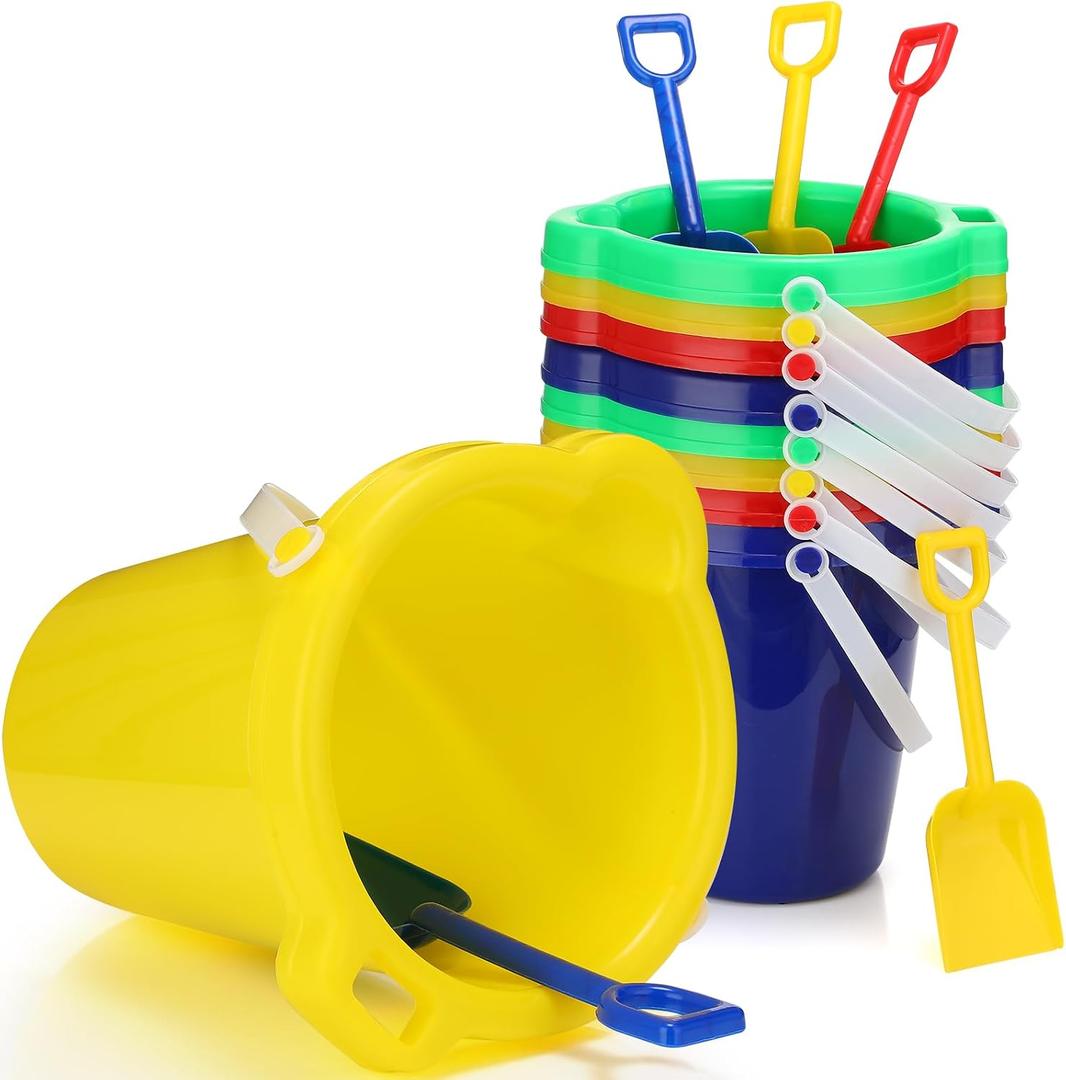 Didaey 7.5 Inch Beach Buckets and Shovels Plastic Sand Pails Castle Building Sand Shovel for Boys and Girls Summer Beach Toys Party Favors (48 Set), 7.5 x 8 x 4.5 inches
