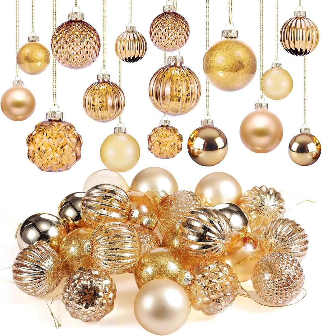 Liliful 24 Pcs Light Gold Glass Christmas Ball Ornaments Christmas Tree Decoration Hanging Balls Neutral Vintage Mercury Ornaments for Xmas Festival Home Wedding Holiday Farmhouse Decor, 2.36 Inch