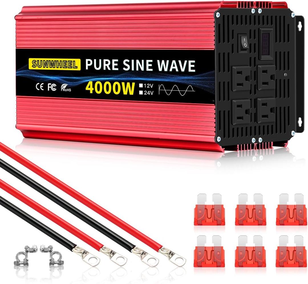 SUNWHEEL 4000W Pure Sine Wave Inverter, Solar Off-Grid Inverter, 12V DC to 110V 120V AC for RVMicrowaveTruckRefrigeratorFreezerTVAir Conditioner with 4 AC outlets and LCD Display