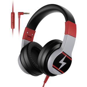 Kids Headphones, Wired Headphones for Kids Over Ear with Microphone, 85/94dB Volume Limiter Headphone for Girls Boys, Foldable Headphone for Learning & Entertainment, Black and Red