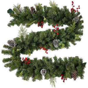 prelit Christmas Garland 9 ft with Lights - Red Style Pre lit Garland for Christmas Holiday Decorations. Thick Branch 230 Tips. 50 led Warm Yellow Lights| Pine Cones Dyed White| Red Berries