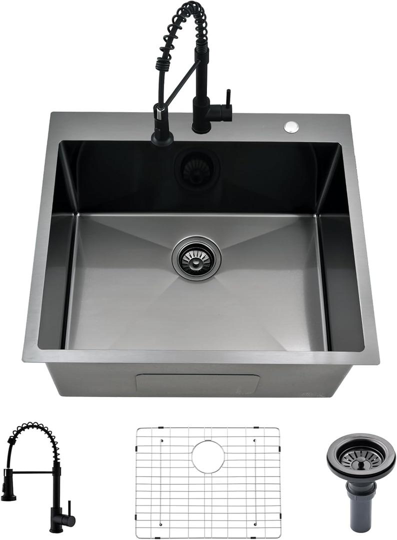 25 Inch Black Drop In Laundry Sink-Bokaiya 25x22 Stainless Steel Drop In Kitchen Sink with Faucet Combo Laundry Room Utility Sinks 16 Gauge Single Bowl 13" Deep Kitchen Sink
