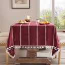 ZeeMart Hemstitched Embroidery Striped Boho Tablecloth 54x70 Inch Burgundy, Heavy Weight Farmhouse Burlap Linen Red Tablecloth, Wrinkle Resistant Washable Table Cloth for Rectangle Table