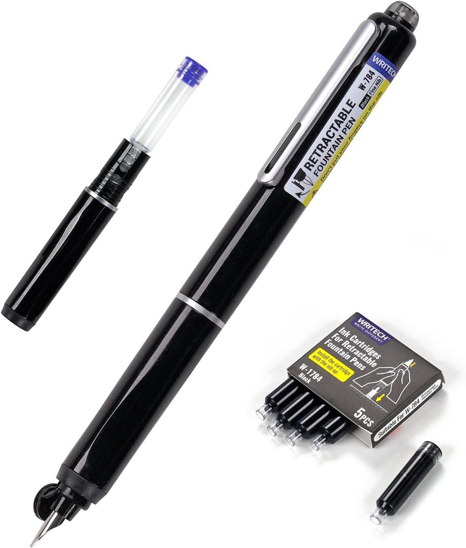 WRITECH Retractable Fountain Pen Set: Fine Nib Black Ink Pens Includes 5 Ink Cartridges Smooth Writing for Sketching Journaling Calligraphy Gift (Black)