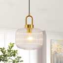 Glass Pendant Light Mid Century Modern Handcrafted Ribbed Glass & Brushed Bronze Finish for Kitchen Island Dining Room Plug in Hanging Lamp with 14.7ft Cord, E26 Base, Sloped Ceiling Compatible