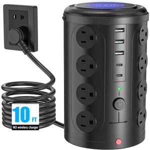 Power Strip Surge Protector Tower with 16 Outlets and 5 USB Ports (2 USB-C), 10ft Extension Cord, 45 Flat Plug, Charging Station for Home, Office, Dorm Room Essentials (Black)