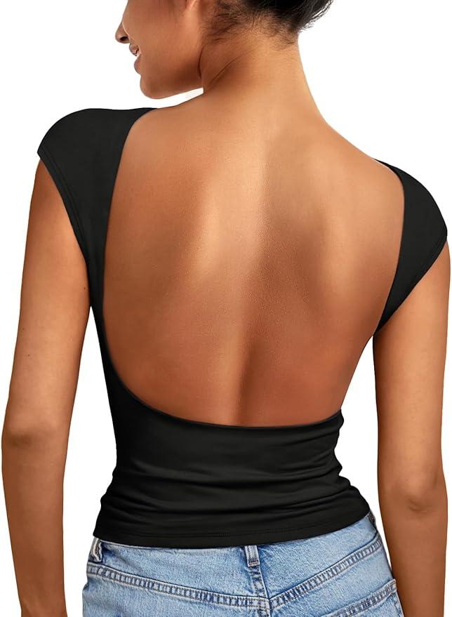 EFAN Womens Backless Tops Open Back Shirts Summer Crop Shirts Short Sleeve Cute Clothes Y2k Clothing 2025, Small