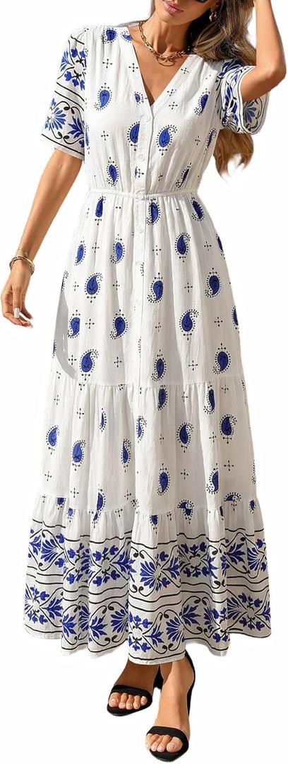 PRETTYGARDEN Womens Summer Boho Maxi Dress 2026 Trendy Short Sleeve V Neck Flowy Beach Floral Dresses with Pockets (Large, White Blue Flower)