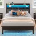Rolanstar Bed Frame Full Size with Charging Station and LED Lights, PU Leather Headboard with Storage Shelves, Heavy Duty Metal Slats, No Box Spring Need, Noise Free, Easy Assembly, Black