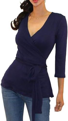 Vivicastle Women's USA 3/4 Sleeve V-Neck Waist Wrap Blouse Top, Medium