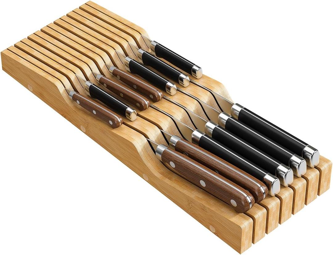 Bamboo In-Drawer Knife Block for 13 Knives(Not Included), Knife Drawer Organizer,Knife Holder Countertop,Block Knife Storage Organizer for Kitchen