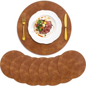 ADRIMER Placemats, Heat Resistant Round Placemats Set of 8 Washable, Waterproof Table Mats, Wipeable Faux Leather Place Mats for Kitchen, Dining Room, Turmeric Brown