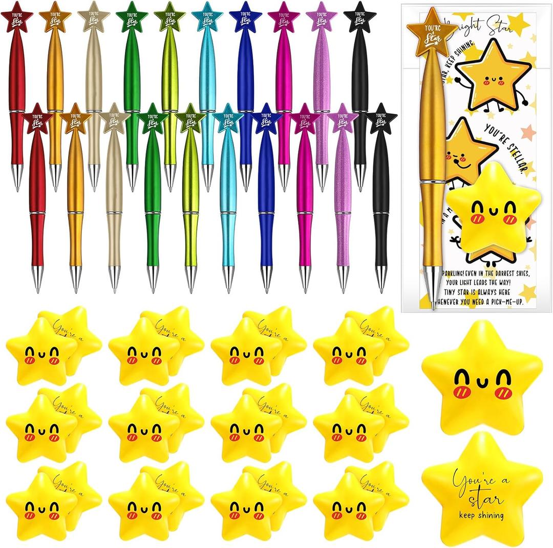 Eersida 30 Sets You're a Star Theme Gift for Employee Team Coworker Boss Bulk Star Pen with Positive Bookmark Card Stress Ball Gift for Valentines Staff Teachers