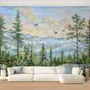 Wall Mural Green Forest Wallpaper Peel & Stick Nursery Wallpaper Pine Trees Mountains Birds Rocks Watercolor Removable Self-Adhesive Large Wall Sticker Wall Decor for Bedroom Living Room 100"x144"