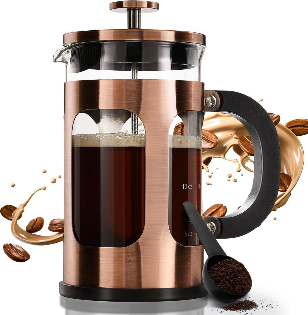 BAYKA French Press Coffee Tea Maker Small, Heat Resistant Thickened Borosilicate Glass Stainless Steel Single Serve Brewer, Cold Brew Cafetera Teapot, 21 Ounce 0.6 Liter,Copper