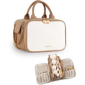 Prite Makeup Bag for Women, Large Capacity Waterproof Travel Cosmetic Organizer, Portable Open Flat Toiletry Bag with Free-standing Brush Holder and Handle(Beige Brown Medium)