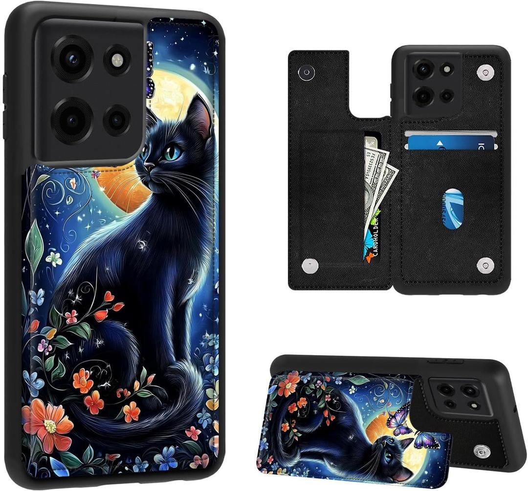 Phone Wallet Case for Moto G 5G 2025,Flip PU Leather Phone Protective Cover with RFID Blocking Function and 3 Card Slots Kickstand for Motorola Moto G 5G 2025,Butterfly Cat and Flowers