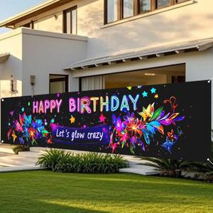 2 x Nuxovilar Neon Glow Happy Birthday Banner with Floral & Star Design, 78.7"x17.7" Bold Colorful Party Decorations Backdrop for Indoor Outdoor Celebrations, Parties & Events (UJ00652)