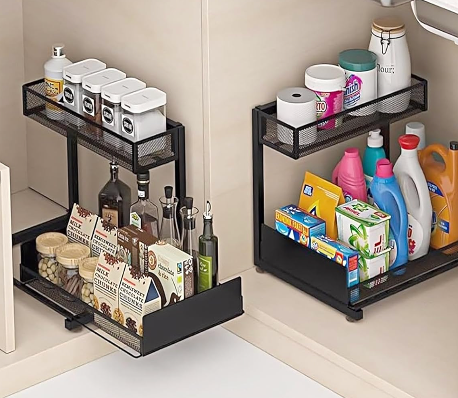 OUTIOE Under Sink Organizer and Storage, 2 Tier Pull Out Cabinet Organizer, Slide Out Under Sink Storage Shelf, Undersink Organizers Shelves for Kitchen Bathroom Pantry Organization (Black)