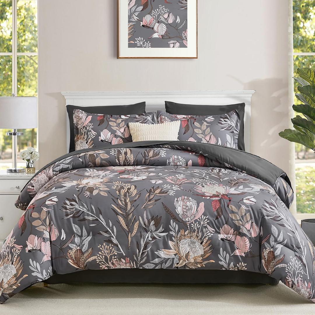 Luxudecor Floral Comforter Set Queen Bed in a Bag Set,7 Pieces Dark Gray Floral Comforter and Sheet Set,Soft Microfiber Bedding Sets for All Seasons (Dark Gray,90"X90")