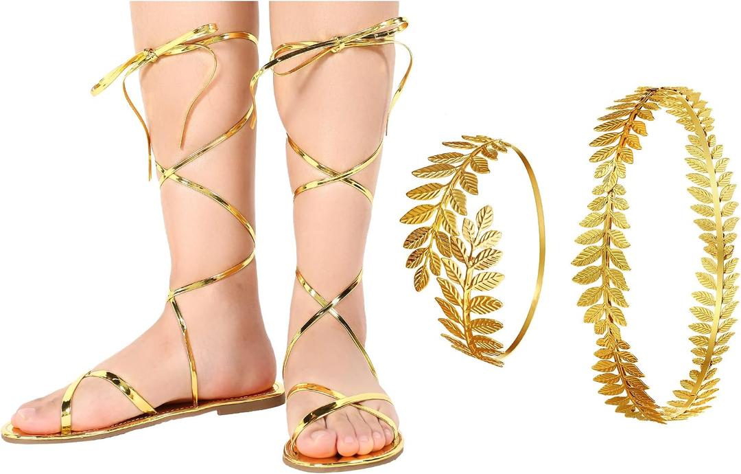 3 Pieces Gold Roman Shoes and Leaves Crown Greek Headband and Arm Ring for Costume Women Halloween Cosplay Party, Size 38 (Gold)