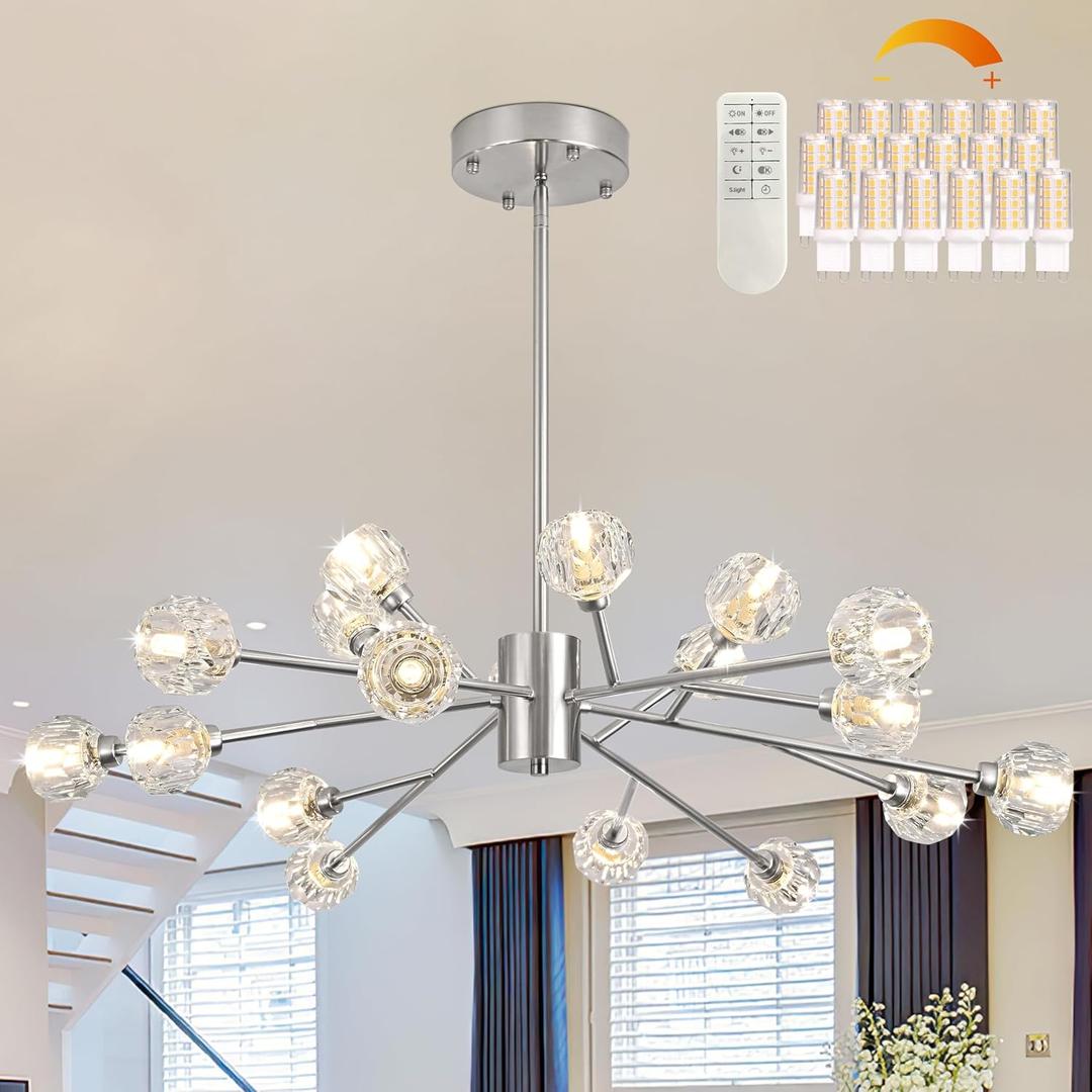 18 Lights Nickel Sputnik Chandeliers 47.2" Branch Chandeliers Modern Crystal Chandelier Modern Sputnik Chandelier Contemporary Mid Century for Kitchen Living Room(Dimmable Bulb & Remote Incl.)