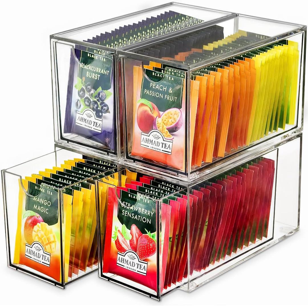 4 Pack Tea Bag Drawers Organizer, Clear Plastic Stackable Tea Organizers and Storage, Portable Tea Bag Holder 6.5" x 4" x 3" for Kitchen Pantry Organizer