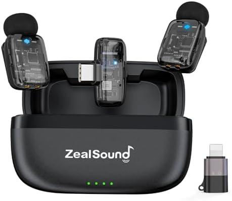 ZealSound Mini Wireless Lavalier Microphone for iPhone iPad Android, Dual Channel Wireless Mics with Noise Cancellation, Mute & Volume Control, 33H Battery Case, USB-C & Lightning Plug & Play, Black