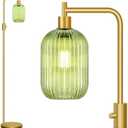  Dimmable Glass Floor Lamp for Living Room, Modern Gold Standing Lamp with Green Ribbed Glass Lampshade & Knob Dimmer, Arc Tall Lamp for Bedroom Office Reading Room, 2700K Led Bulb Included