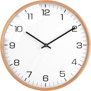 Driini Analog Dome Glass Wall Clock (12") - Wood Frame with White, Modern Face - Battery Operated with Non Ticking Hands - Large Decorative Clocks for Classroom, Office, Living Room, or Bedrooms.