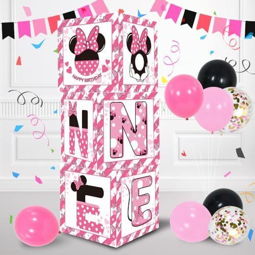 TONIFUL Pink Mouse 1st Birthday Party Supplies Pink Balloon Box with Letters, Mouse Theme One Year Old Birthday Party Favors for Girls Baby Shower B-Day Decoration