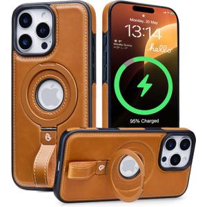Butaiga for iPhone 16 Pro Max Leather Case with Stand, Anti-Slip Grip Ring, Fits for MagSafe (Brown, iPhone 16 Pro Max)