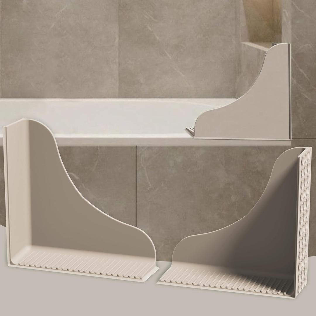 Roslim No-Adhesive 2-Pack All-Silicone Shower Splash Guard with Strong Suction Cups, Reusable Bath Tub Corner Water Blocker for Secure SealKeep Water in Shower or Bath, One-Piece Design, Taupe