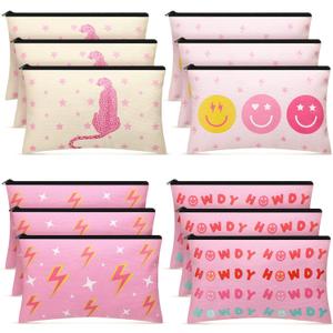 Hillban 12 Pcs Pink Preppy Makeup Bag Preppy Toiletry Bag Smile Leopard Howdy Portable Cosmetic Makeup Pouch Travel Organizer Accessories Cute Spring Gift for Women