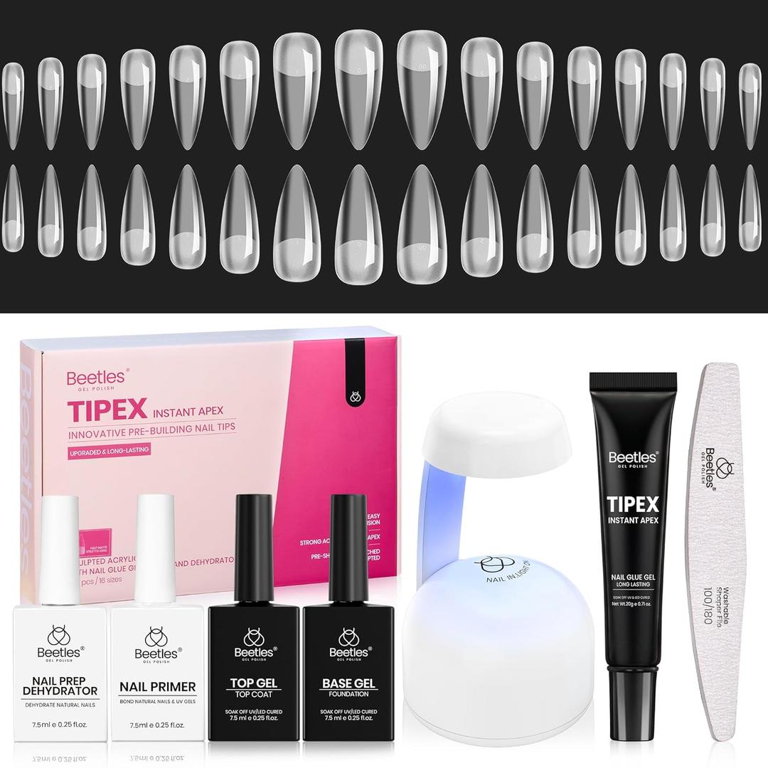 Beetles Tipex Instant Apex Nail Tips Kit  Stiletto Long, Pre-Building Pre-Etched Thick Acrylic Tips with Tipex Nail Glue, Dehydrator, Primer, Base & Top Coat, Mini UV Lamp 224PCS in 16 Sizes