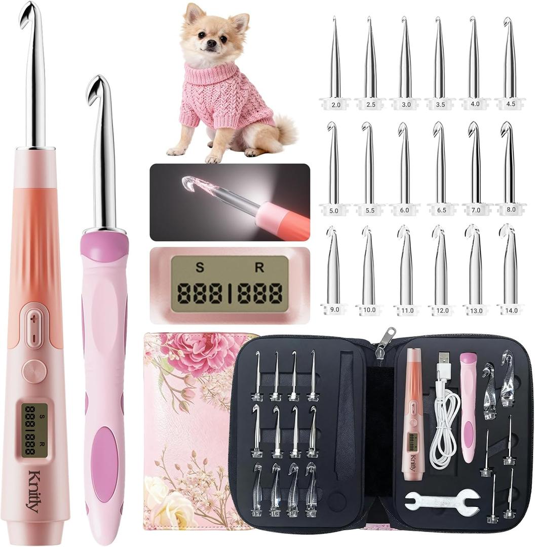 Knitly Light Up Crochet Hooks Set with Digital Counter,18 Size Counting Crochet Hook with 2.014.0 mm Interchangeable Hooks,Ergonomic Crochet Kit&Gift for Arthritic Hands (Coral Pink)