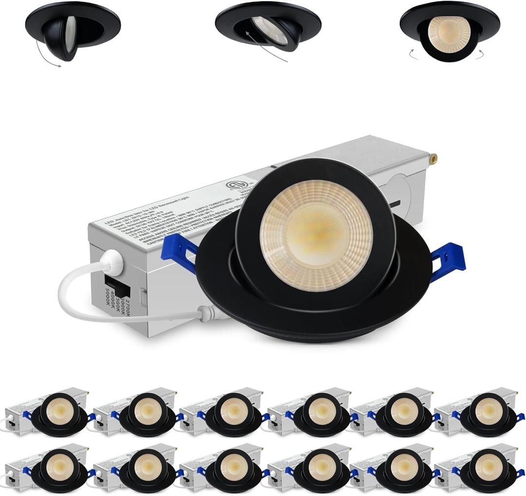 Adetu 2 Inch 5CCT Gimbal Black Led Recessed Lighting with Junction Box, 360+90 Adjustable Led Recessed Lights, 2700K/3000K/3500K/4000K/5000K, 5W Eqv 50W, 550LM Brightness - ETL (Black, 12 Pack)