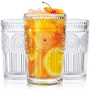 Kingrol 6 Pack 12 oz Romantic Water Glasses, Premium Drinking Glasses Tumblers, Vintage Glassware Set for Juice, Beverages, Beer, Cocktail