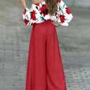 CHICME Women Summer 2 Piece Outfits Off Shoulder Top Flowy Wide Leg Pants Set Vacation Travel Airport Outfits (Red, XXL)