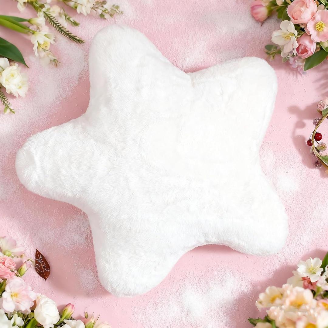 YRXRUS Star Pillows, White Star Shaped Pillow, Decorative Throw Pillow Gifts, Cute Plush Room Decor, Fluffy Faux Rabbit Fur 14"x14"Pillows for Living Bedroom