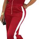 Women's Color Block Zip Up Jumpsuit Casual Short Sleeve Elastic Waist Wide Leg Pant One Piece Rompers Sportswear, Size S (Red)