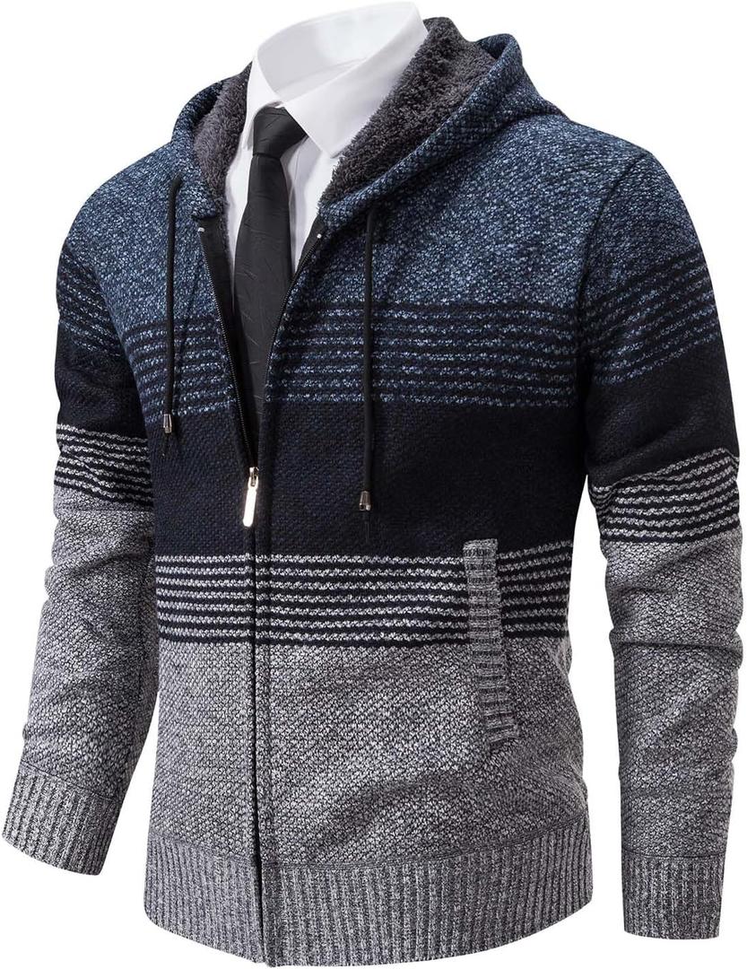 Mylldey Mens Hoodies Knit Sweater, Full Zip Fleece Lined Cardigan Sweaters Casual Regular Fit Knit Hooded Men Sweater Jacket (Medium, Blue)