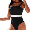 AI'MAGE Women's One Piece Swimsuit Color Block Bathing Suit Square Neck Swim Suits Vintage Retro Swimwear (Black, L)